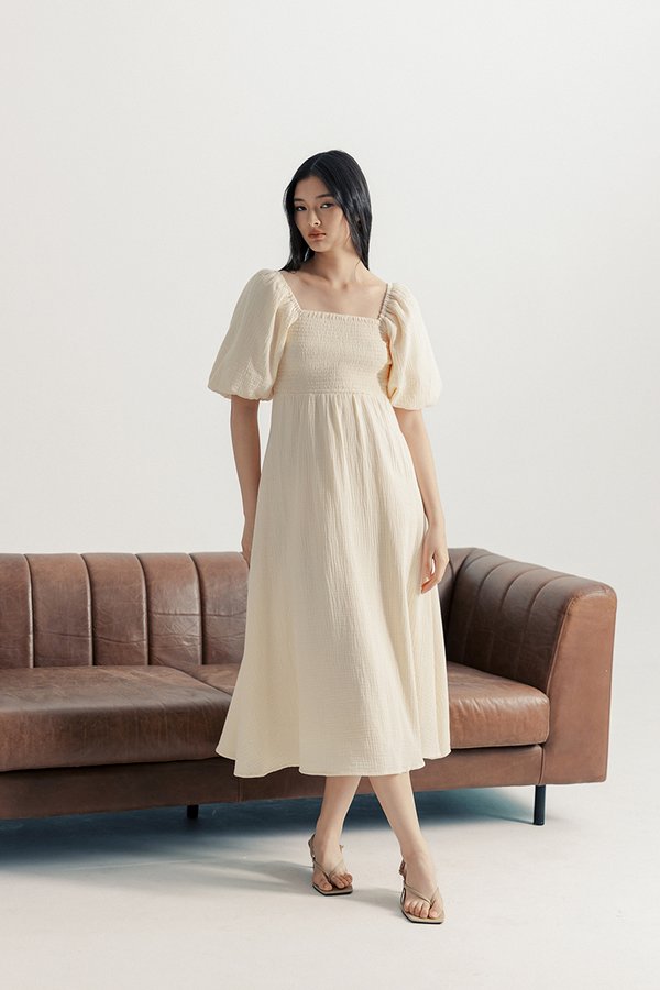 CASIE PUFF SLEEVE SMOCKED MIDI DRESS