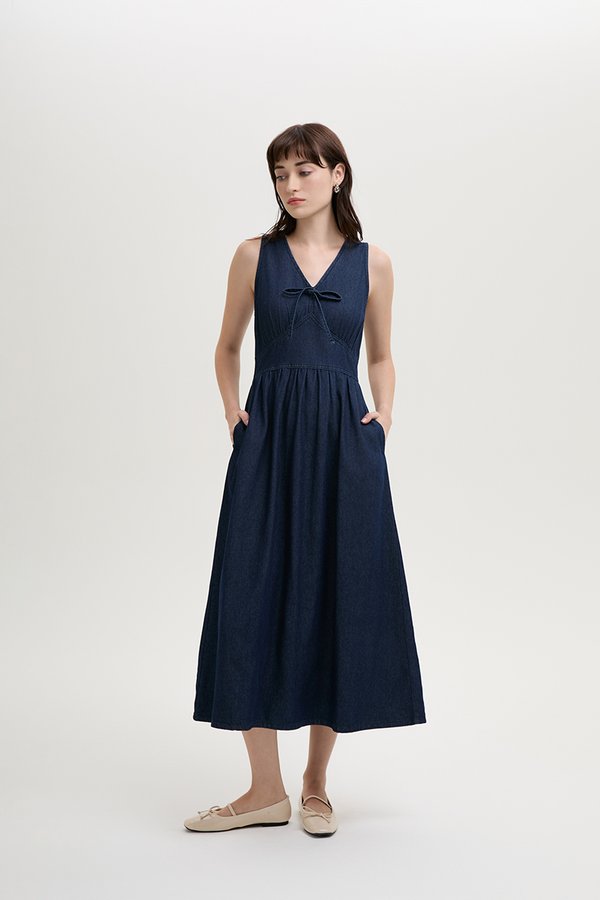 SHANNON FRONT TIE DENIM MIDI DRESS