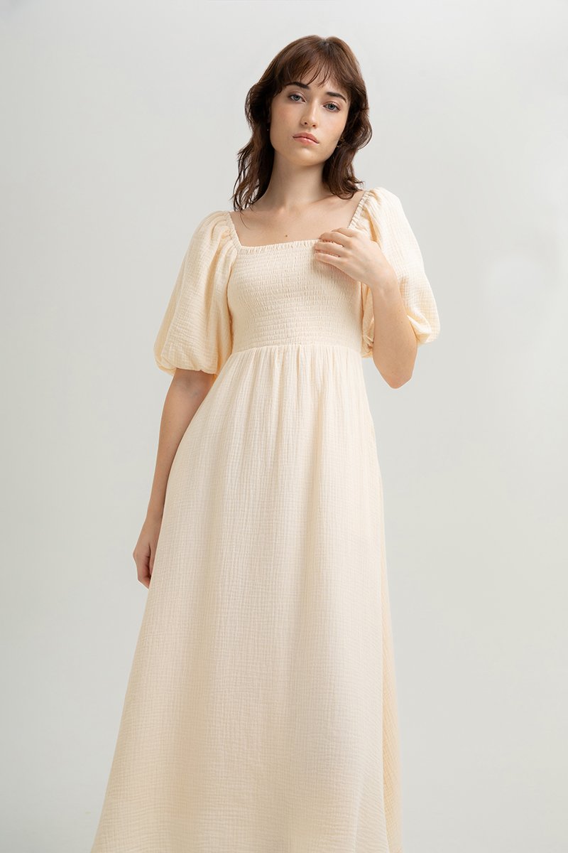 CASIE PUFF SLEEVE SMOCKED MIDI DRESS