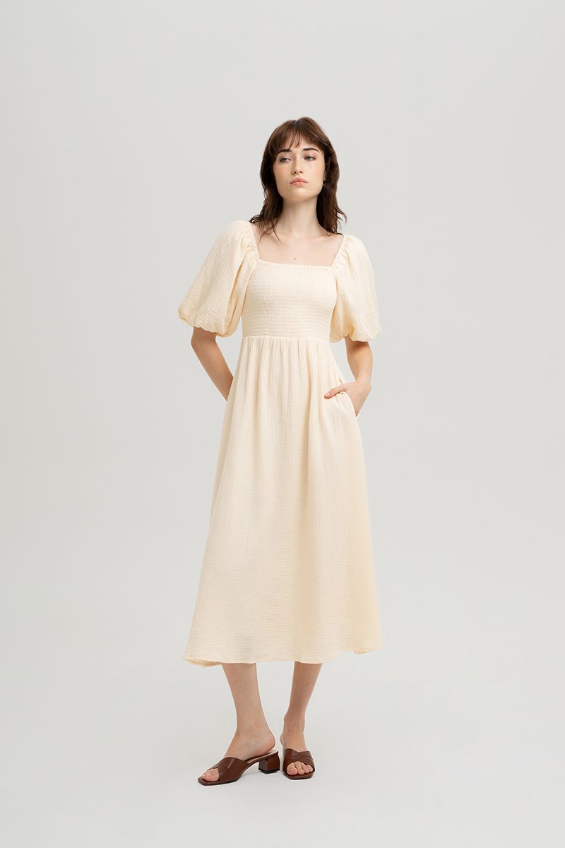 CASIE PUFF SLEEVE SMOCKED MIDI DRESS