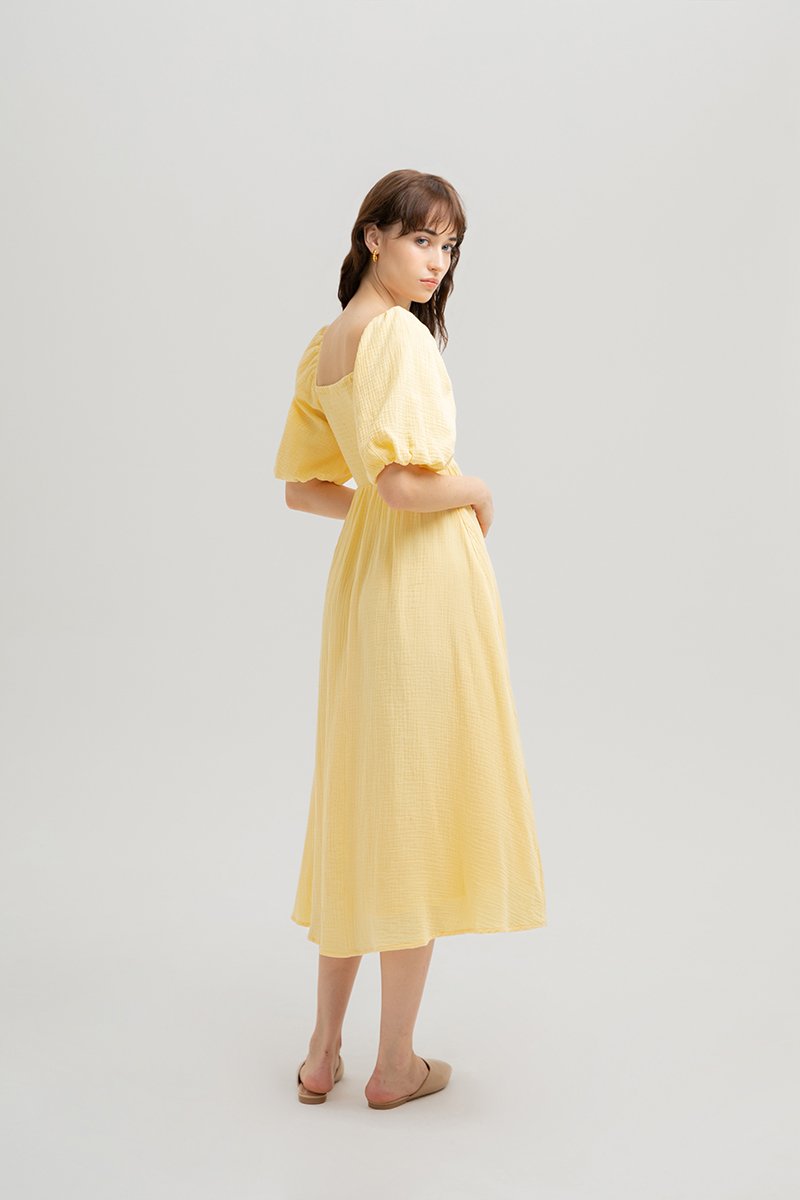 CASIE PUFF SLEEVE SMOCKED MIDI DRESS