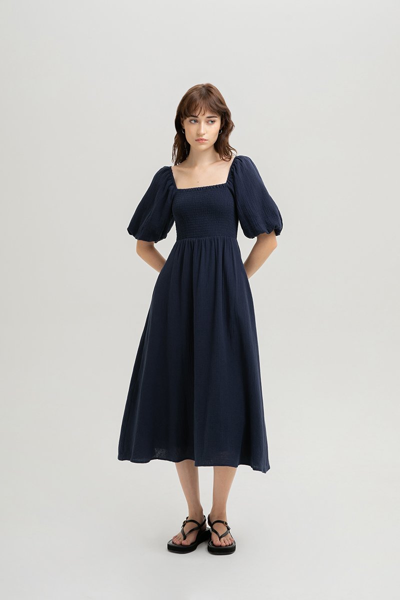 CASIE PUFF SLEEVE SMOCKED MIDI DRESS