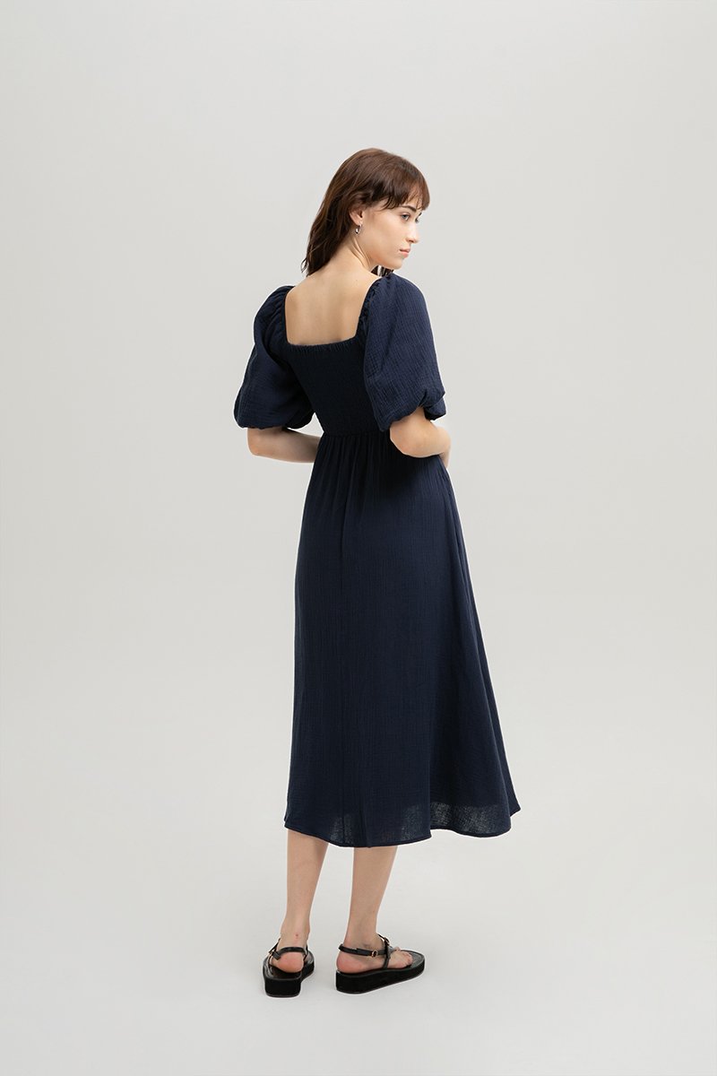 CASIE PUFF SLEEVE SMOCKED MIDI DRESS
