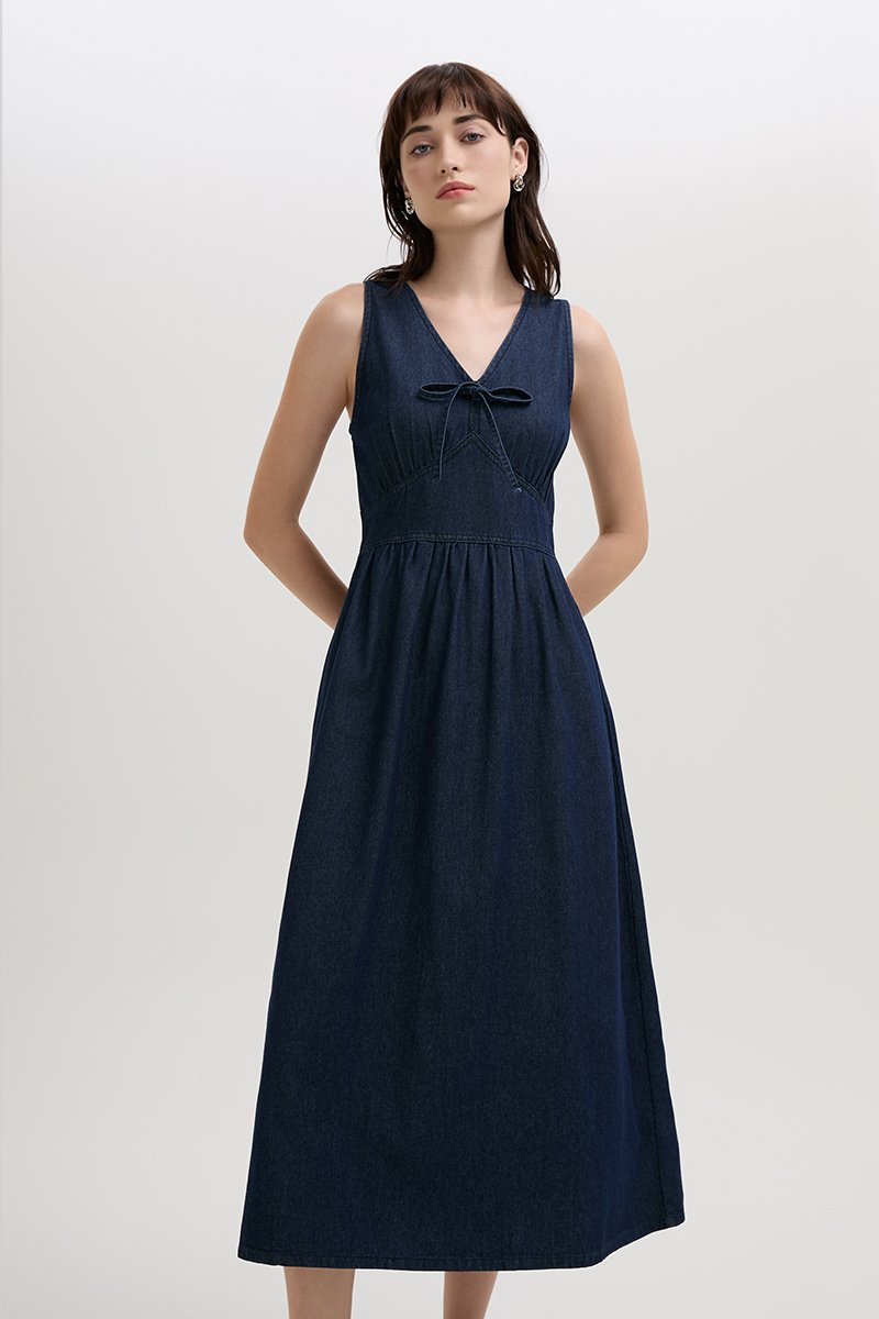 SHANNON FRONT TIE DENIM MIDI DRESS