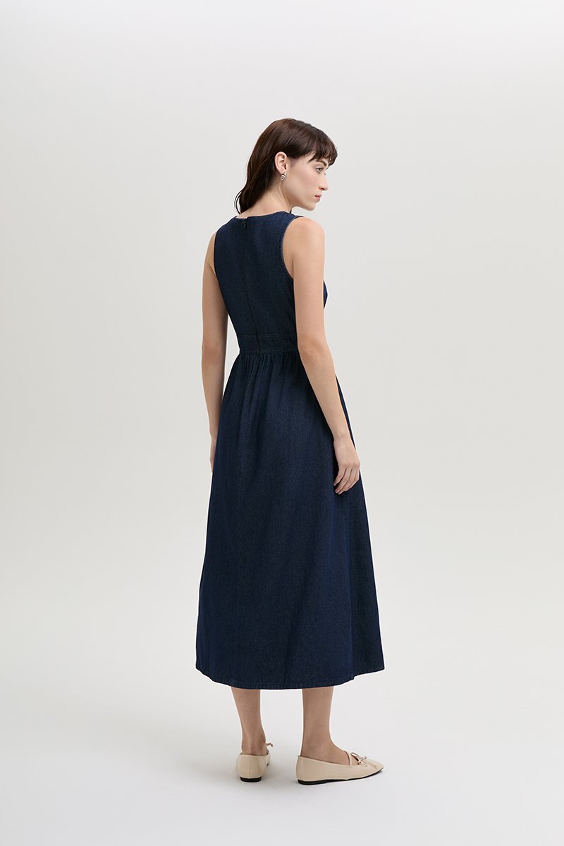 SHANNON FRONT TIE DENIM MIDI DRESS