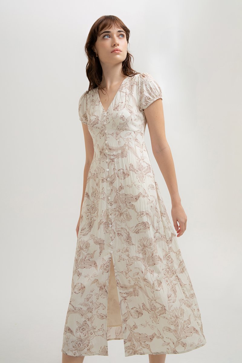 LEYLA FLORAL PRINTED PUFF SLEEVE MIDI DRESS