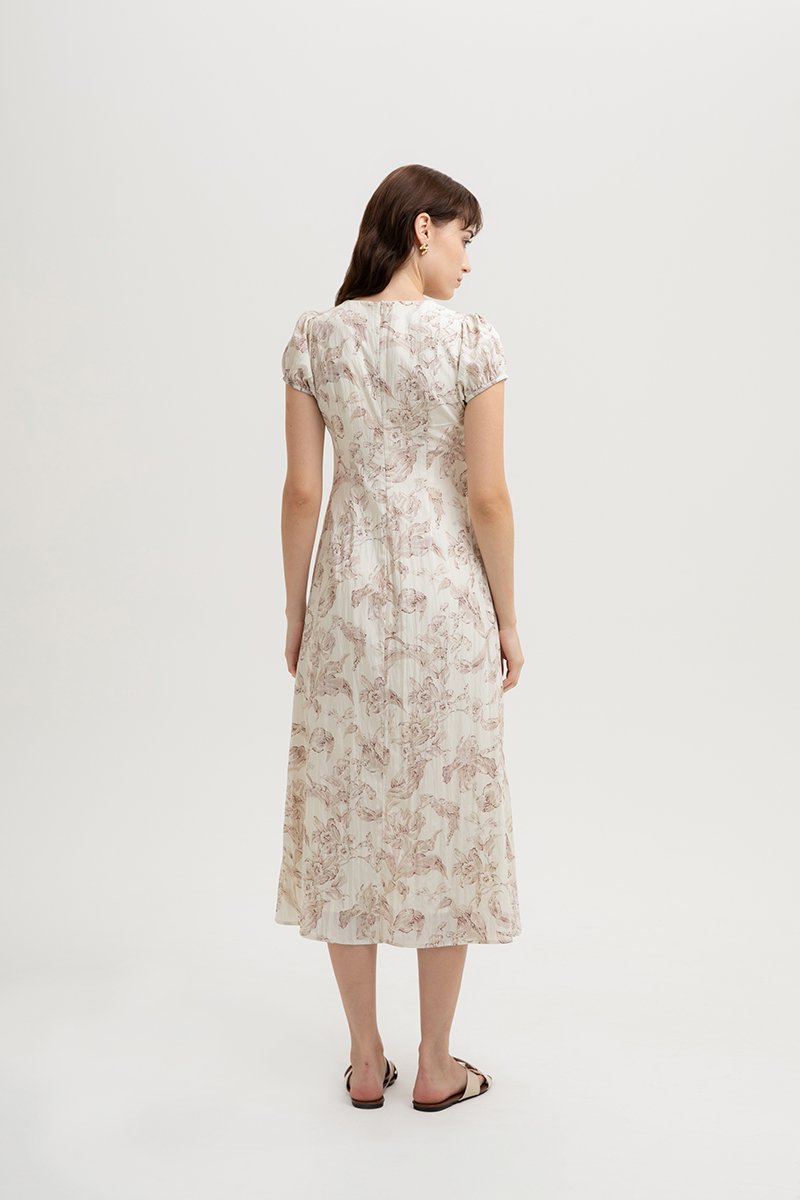 LEYLA FLORAL PRINTED PUFF SLEEVE MIDI DRESS