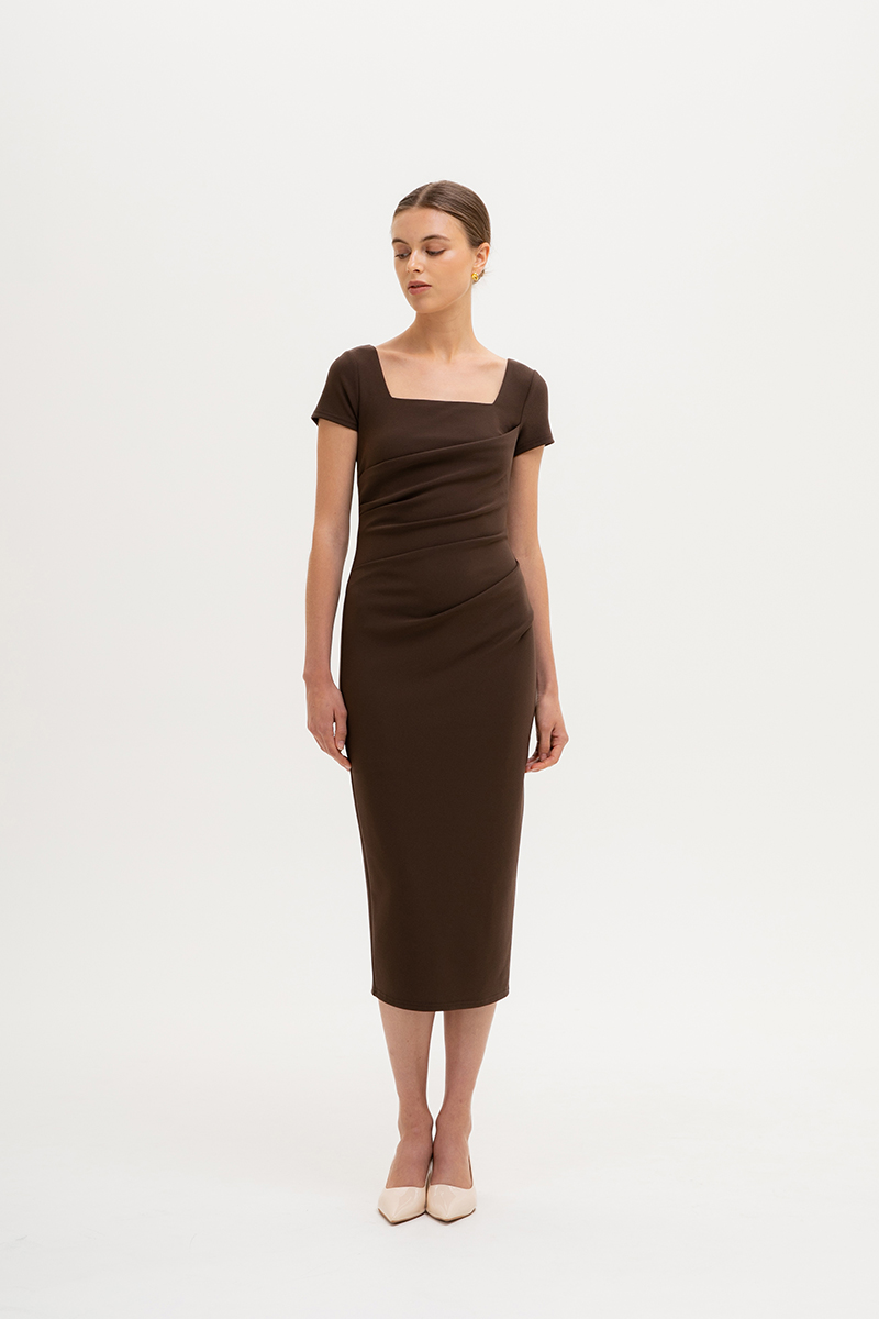 ALANNA SQUARE NECK RUCHED MIDI DRESS