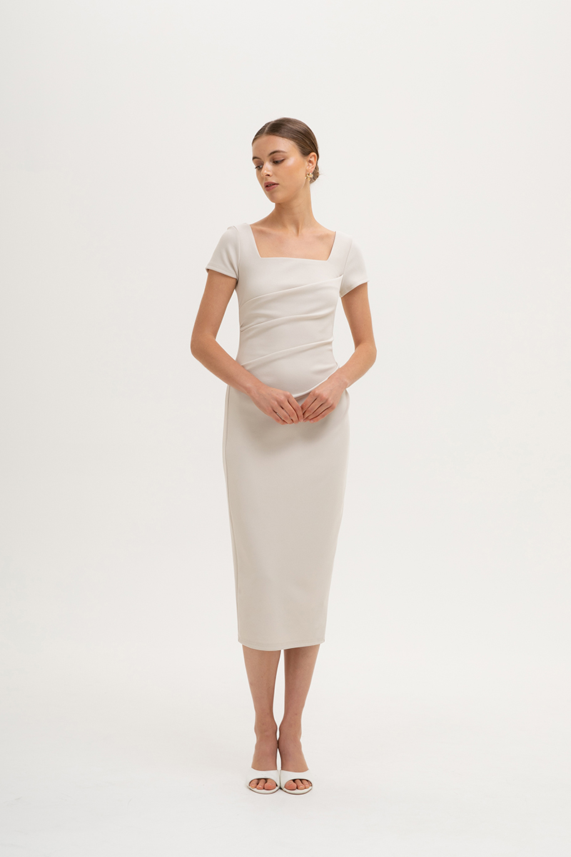 ALANNA SQUARE NECK RUCHED MIDI DRESS
