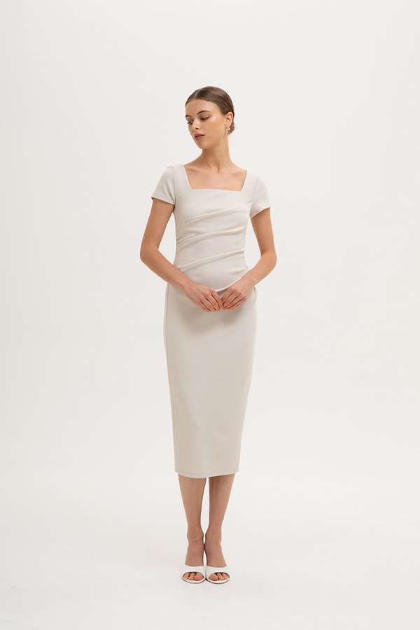ALANNA SQUARE NECK RUCHED MIDI DRESS