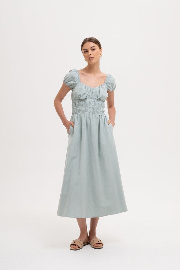 CLARESSA RUCHED WAIST LINEN MIDI DRESS