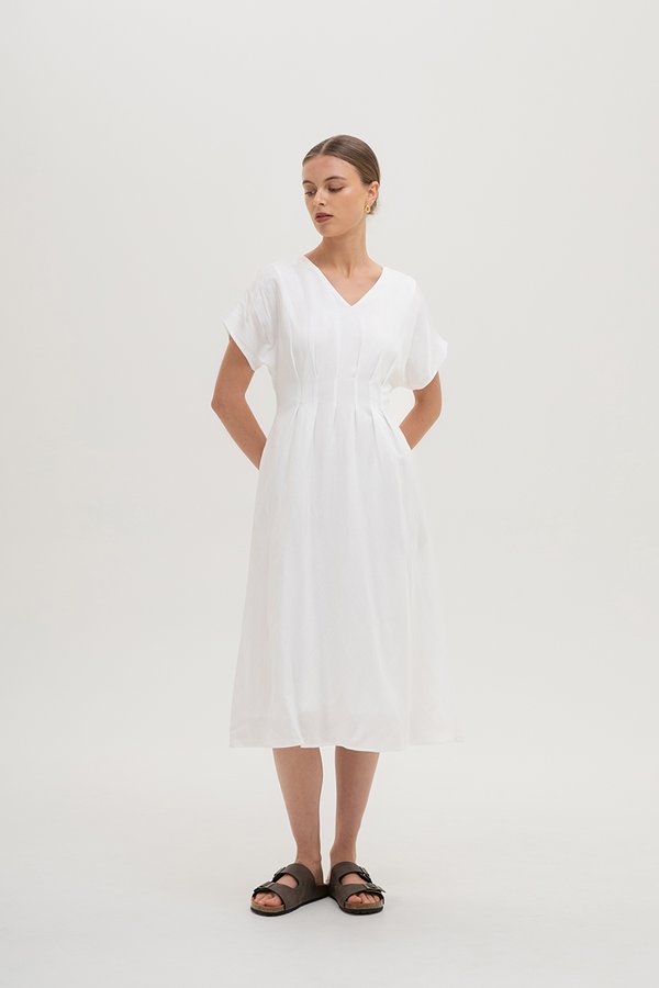 FRIEDA PLEATED LINEN MIDI DRESS