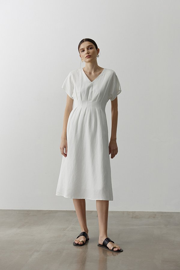 FRIEDA PLEATED LINEN MIDI DRESS