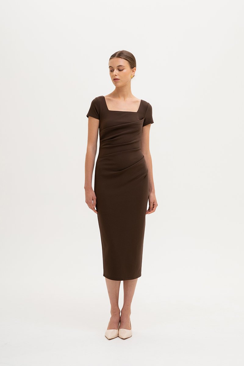 ALANNA SQUARE NECK RUCHED MIDI DRESS