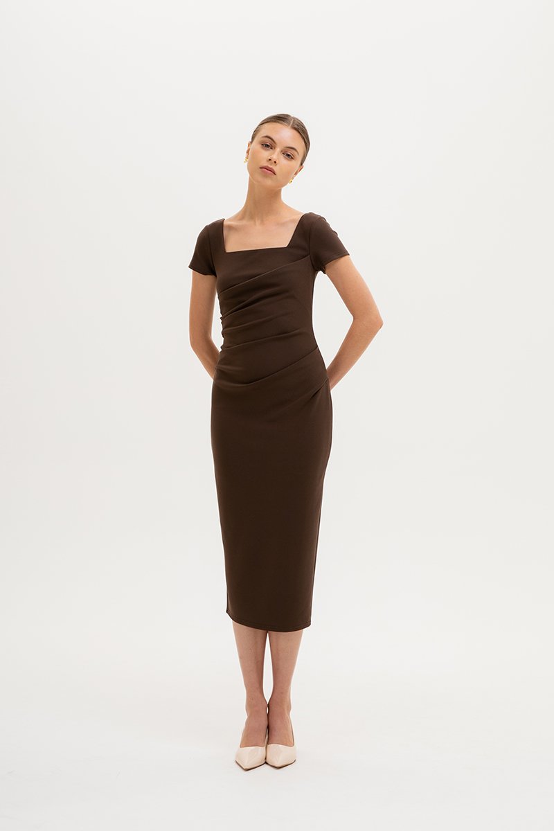 ALANNA SQUARE NECK RUCHED MIDI DRESS