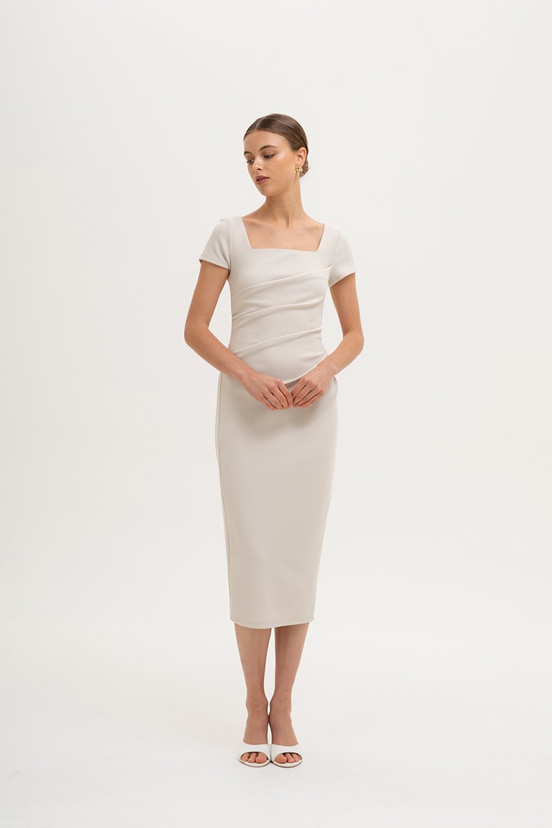 ALANNA SQUARE NECK RUCHED MIDI DRESS