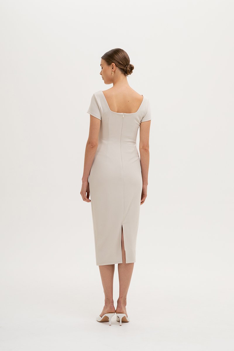 ALANNA SQUARE NECK RUCHED MIDI DRESS