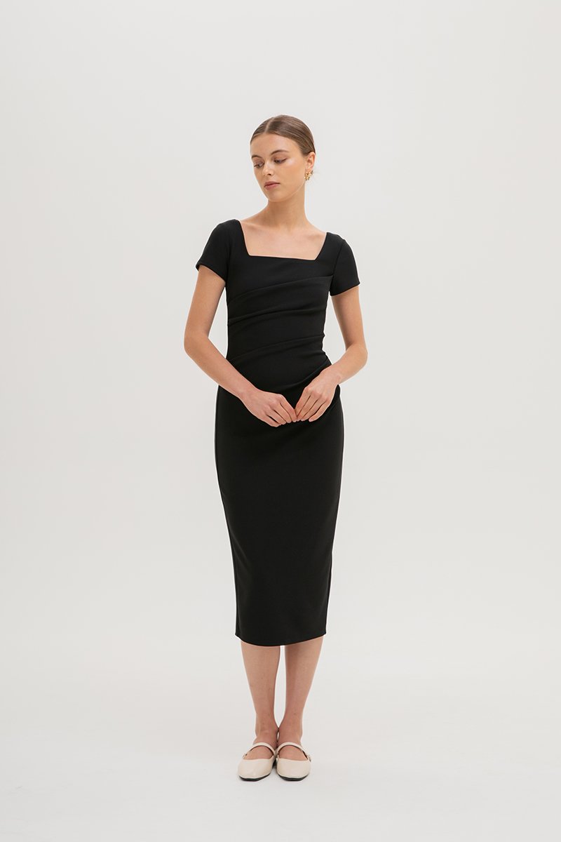 ALANNA SQUARE NECK RUCHED MIDI DRESS
