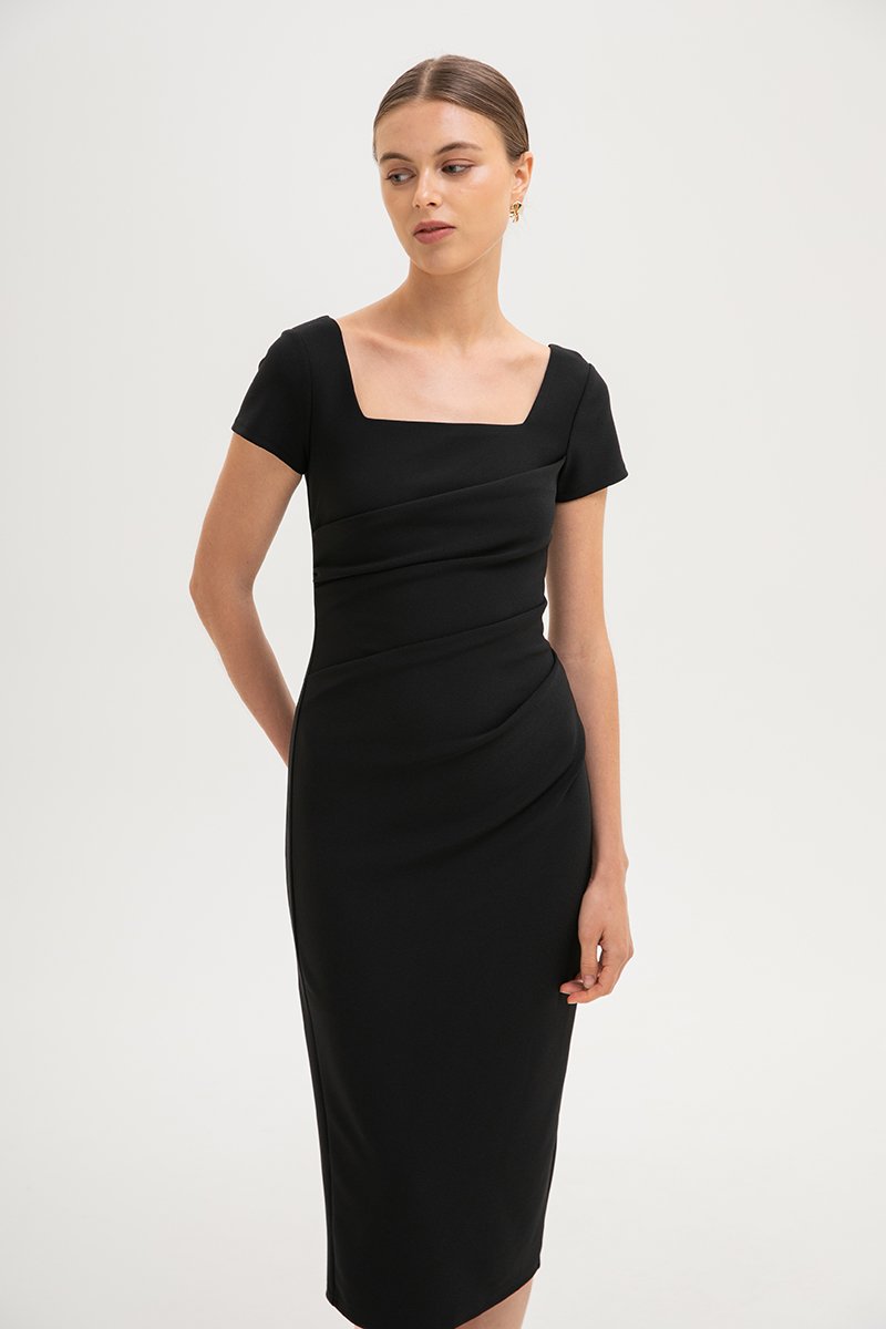 ALANNA SQUARE NECK RUCHED MIDI DRESS