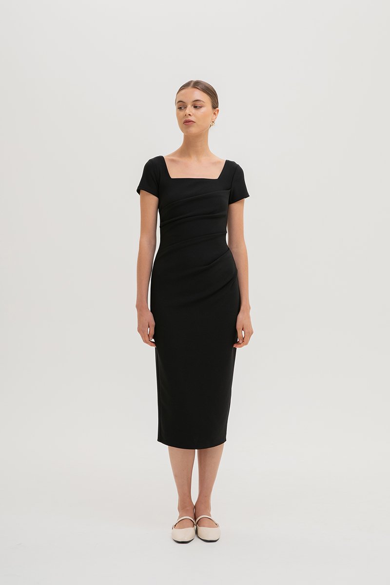 ALANNA SQUARE NECK RUCHED MIDI DRESS
