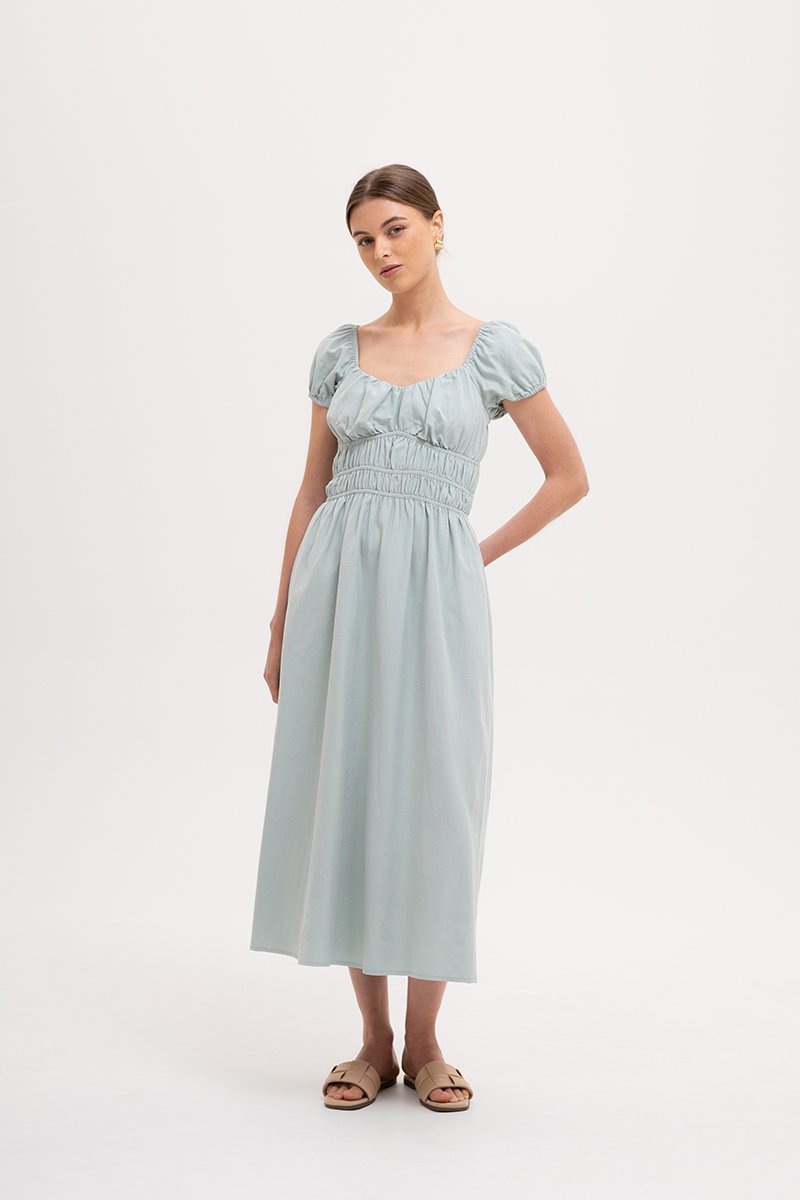 CLARESSA RUCHED WAIST LINEN MIDI DRESS