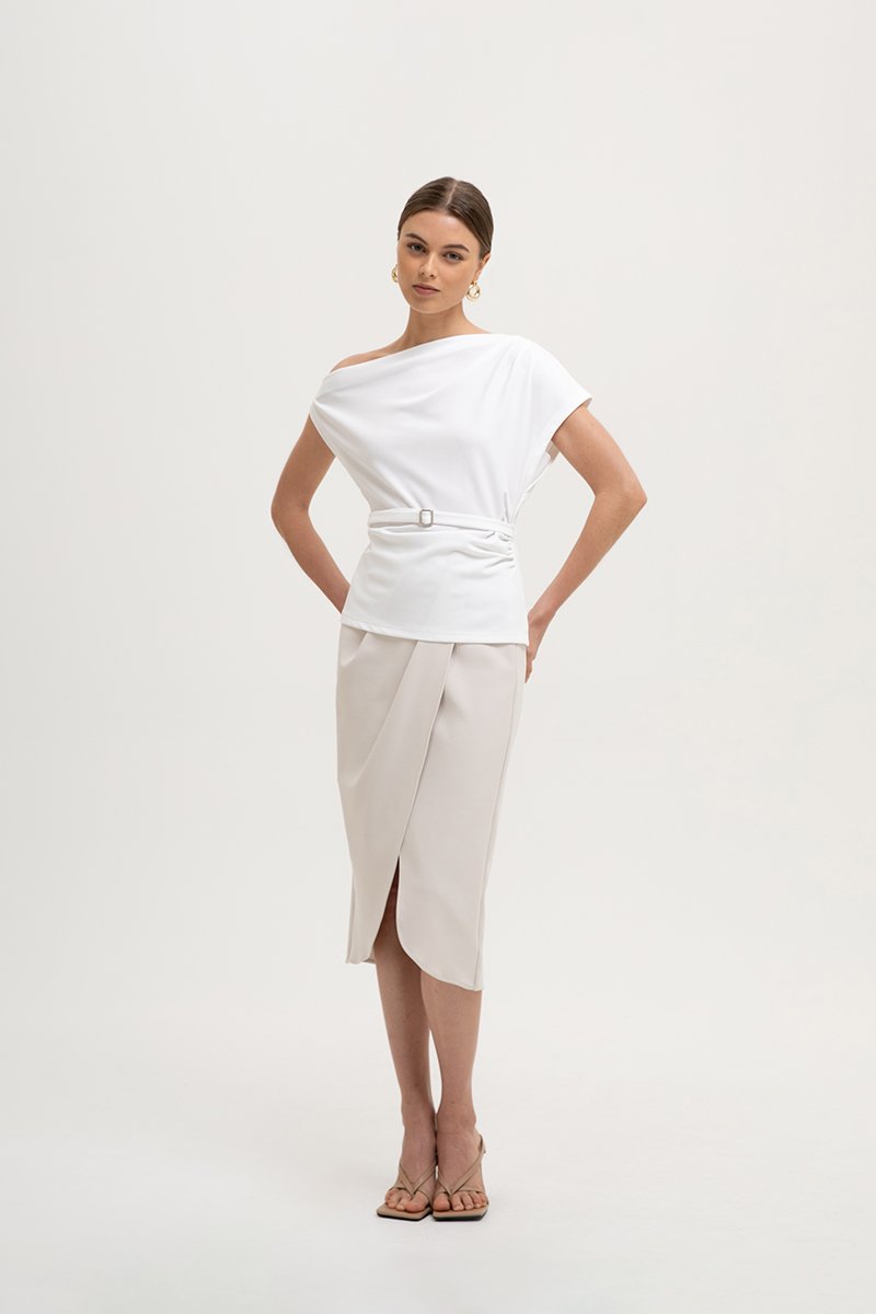 *BACKORDER 4* AMIRA ASYMMETRIC OFF SHOULDER TOP W BELT