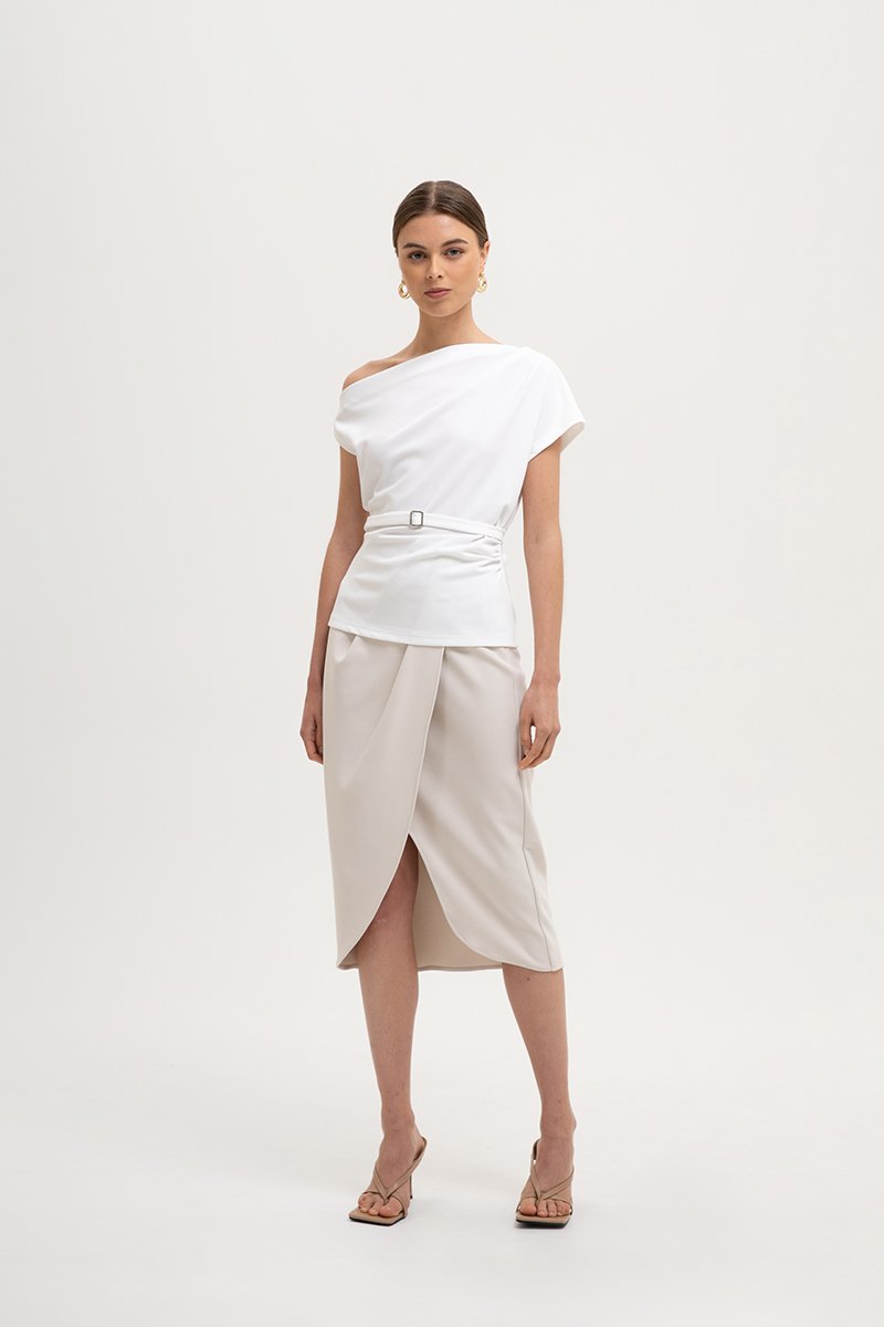 *BACKORDER 4* AMIRA ASYMMETRIC OFF SHOULDER TOP W BELT