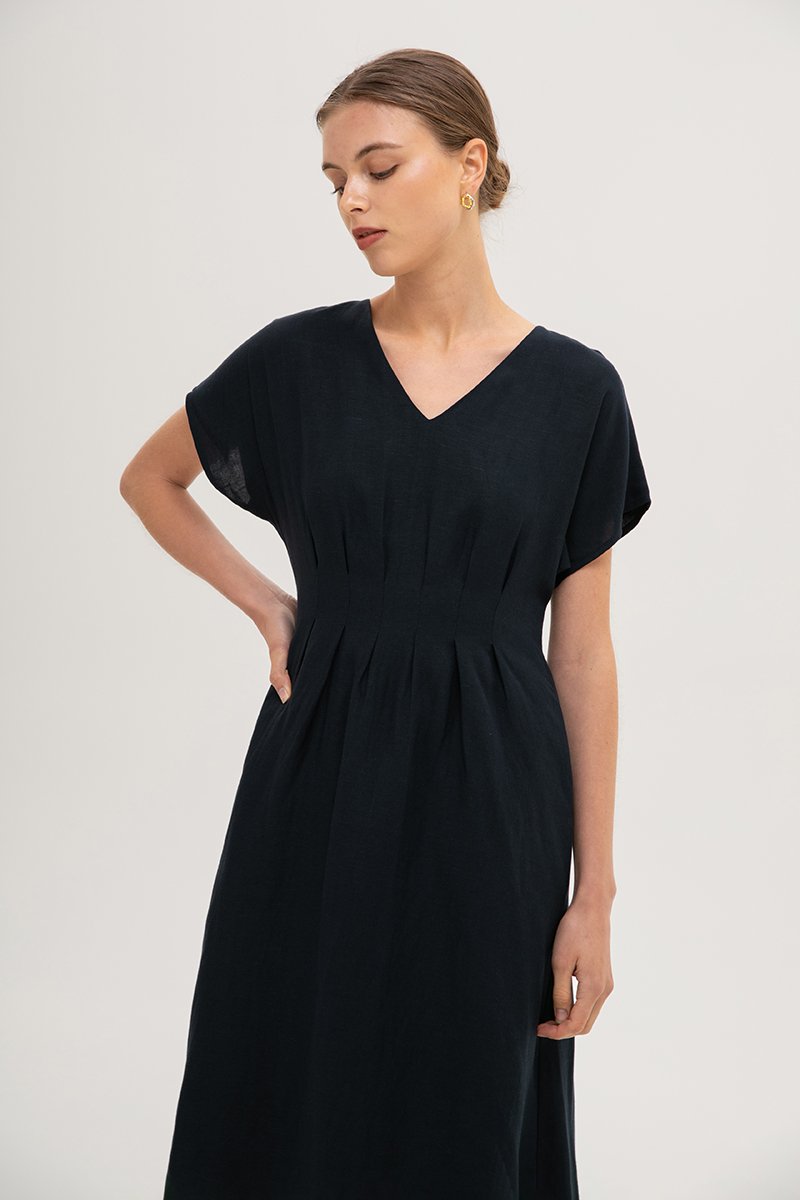 FRIEDA PLEATED LINEN MIDI DRESS FRIEDA PLEATED LINEN MIDI DRESS