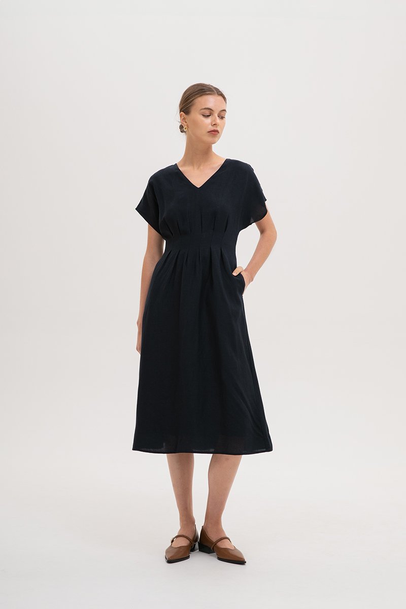 FRIEDA PLEATED LINEN MIDI DRESS FRIEDA PLEATED LINEN MIDI DRESS