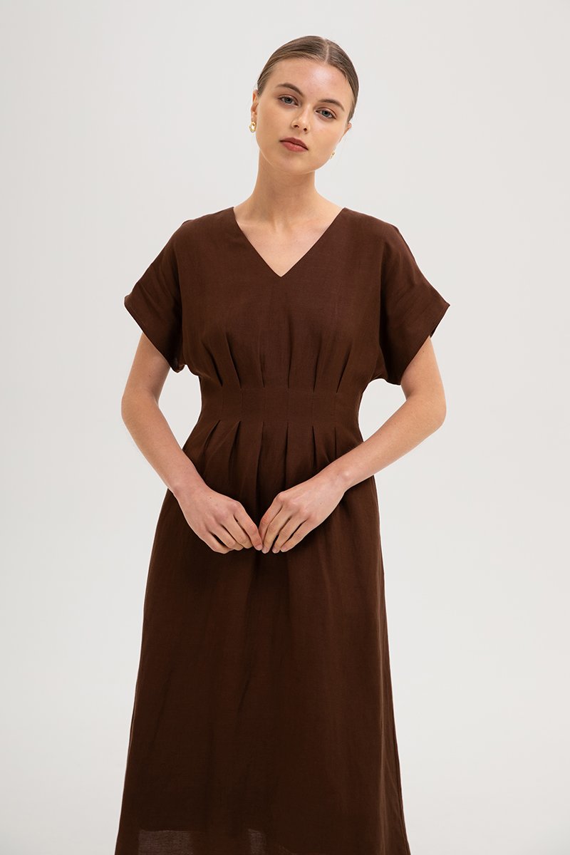 FRIEDA PLEATED LINEN MIDI DRESS FRIEDA PLEATED LINEN MIDI DRESS
