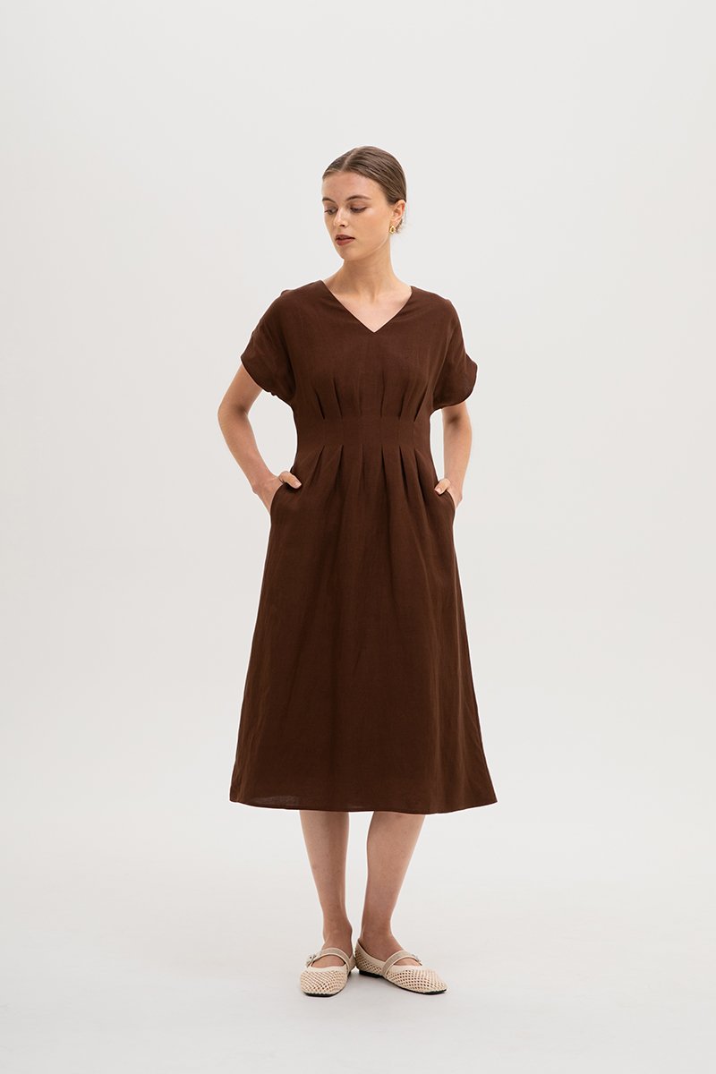 FRIEDA PLEATED LINEN MIDI DRESS FRIEDA PLEATED LINEN MIDI DRESS