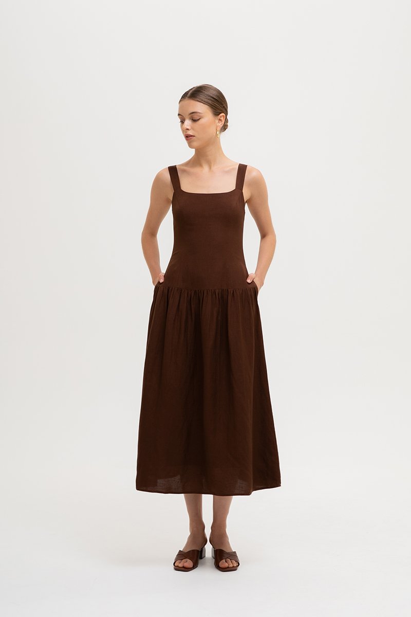AGATHA DROP WAIST LINEN MIDI DRESS