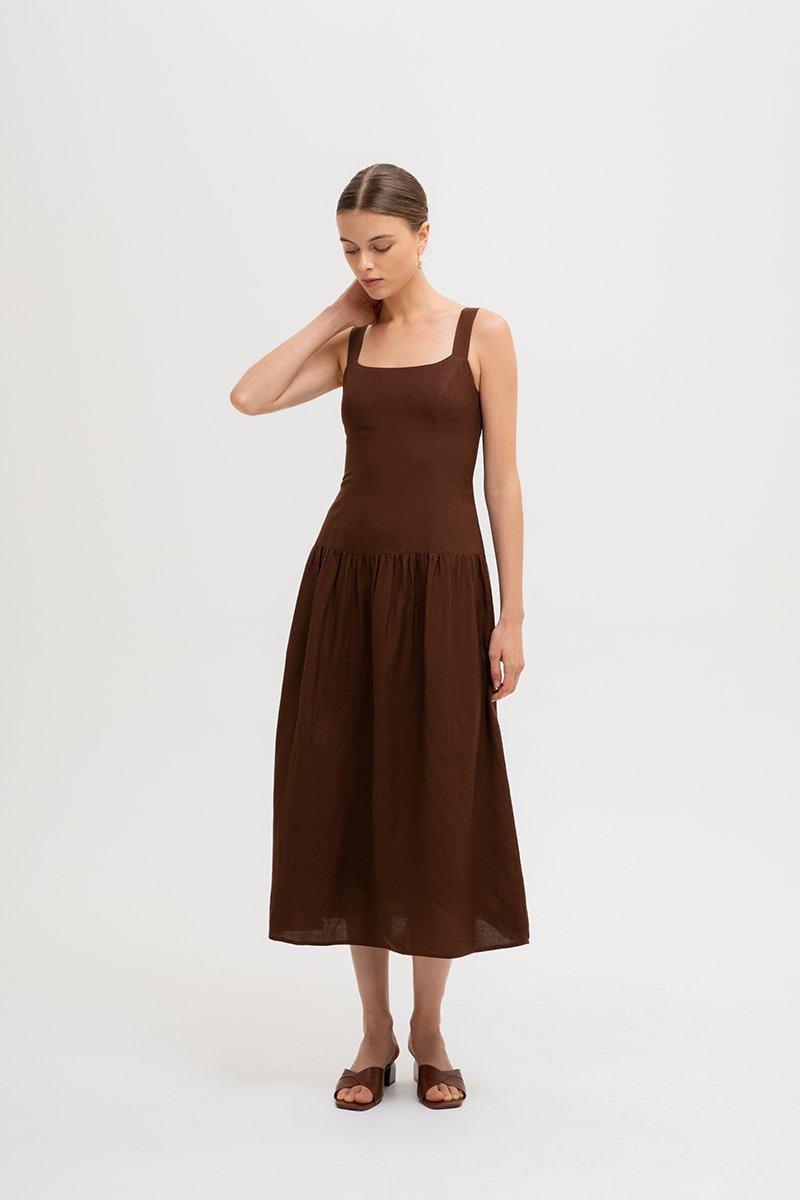 AGATHA DROP WAIST LINEN MIDI DRESS