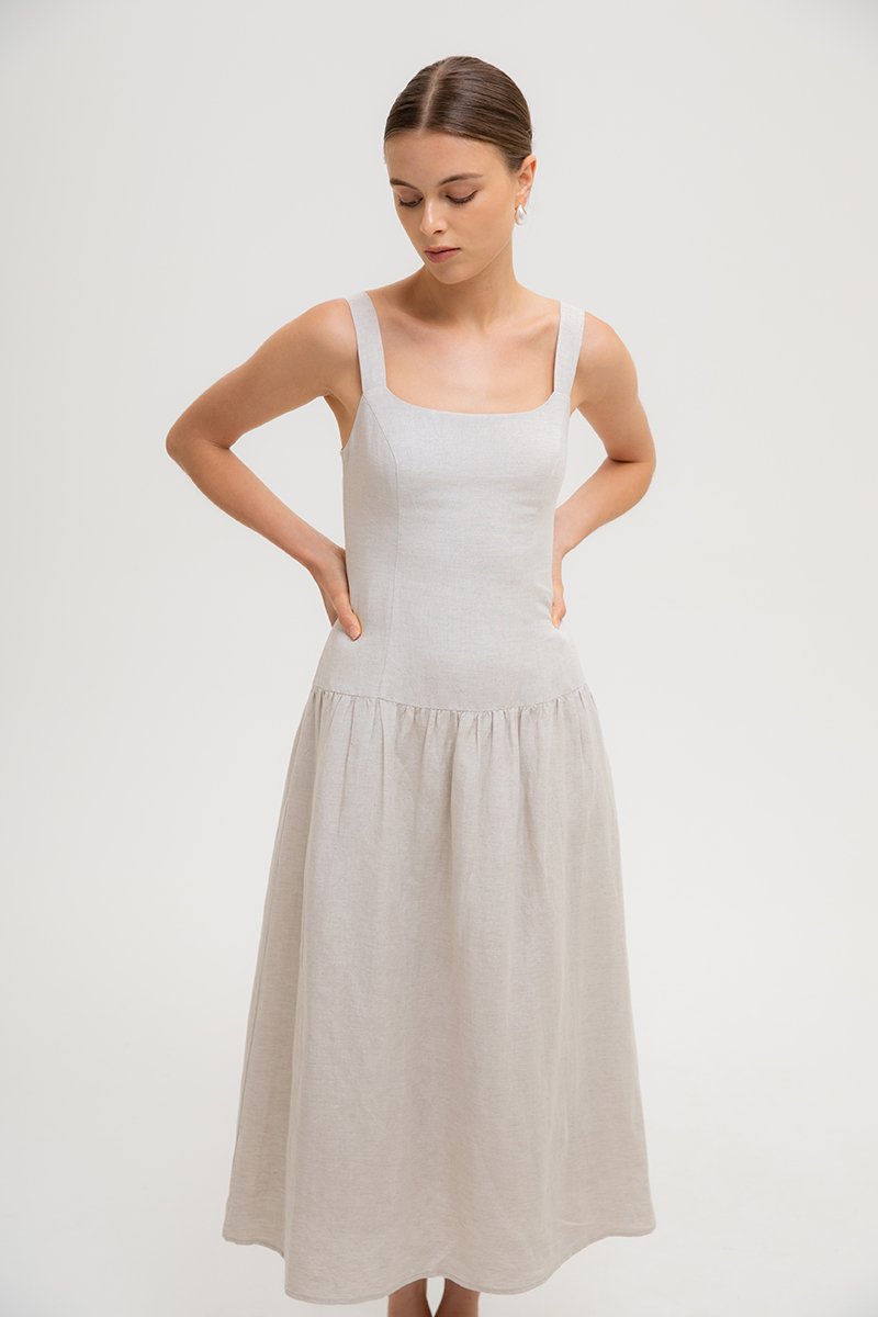 AGATHA DROP WAIST LINEN MIDI DRESS