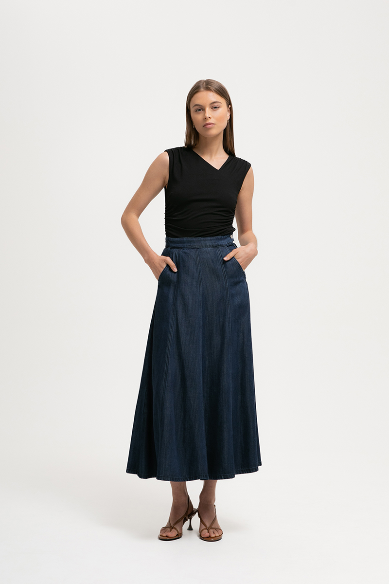 MARA DENIM PANELLED MAXI SKIRT