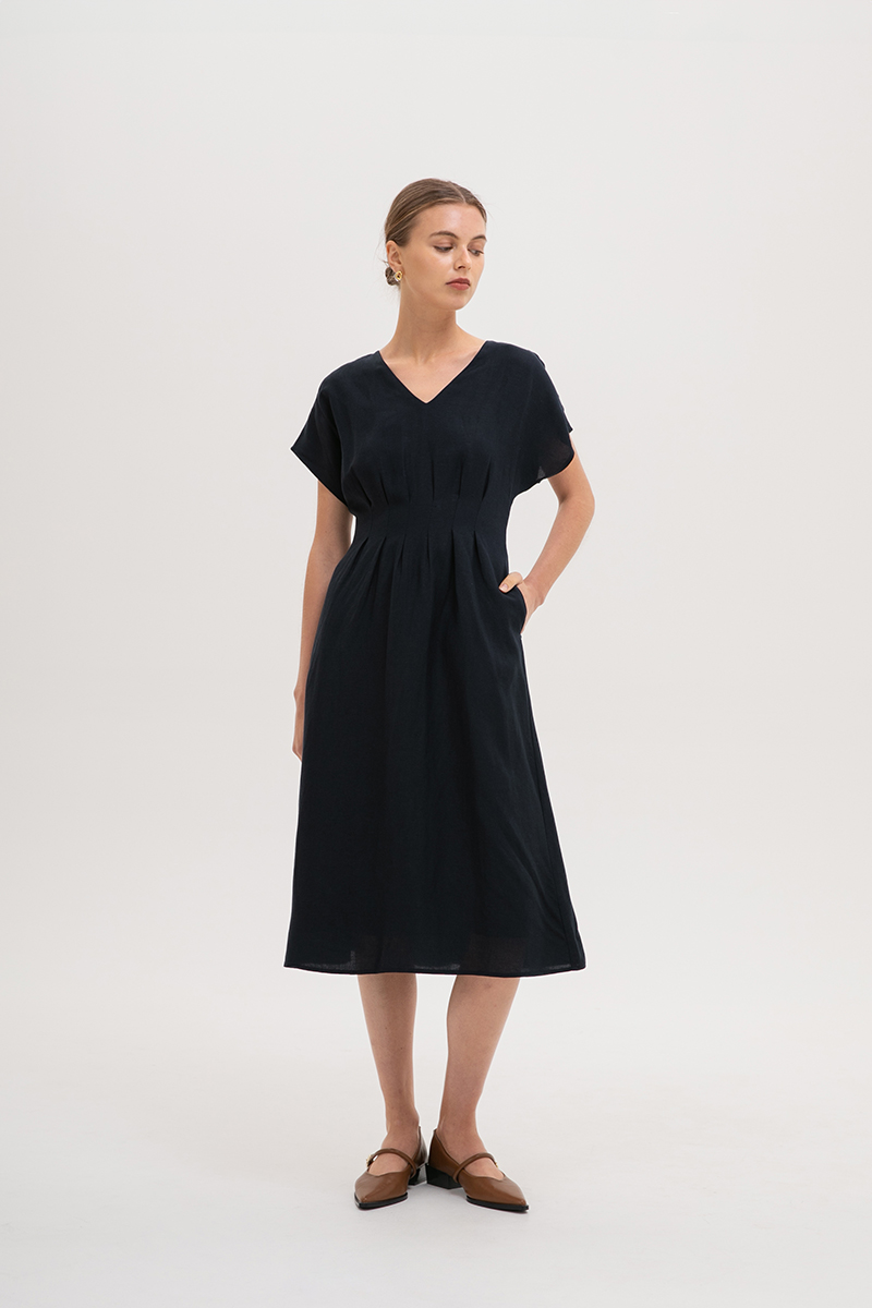 FRIEDA PLEATED LINEN MIDI DRESS