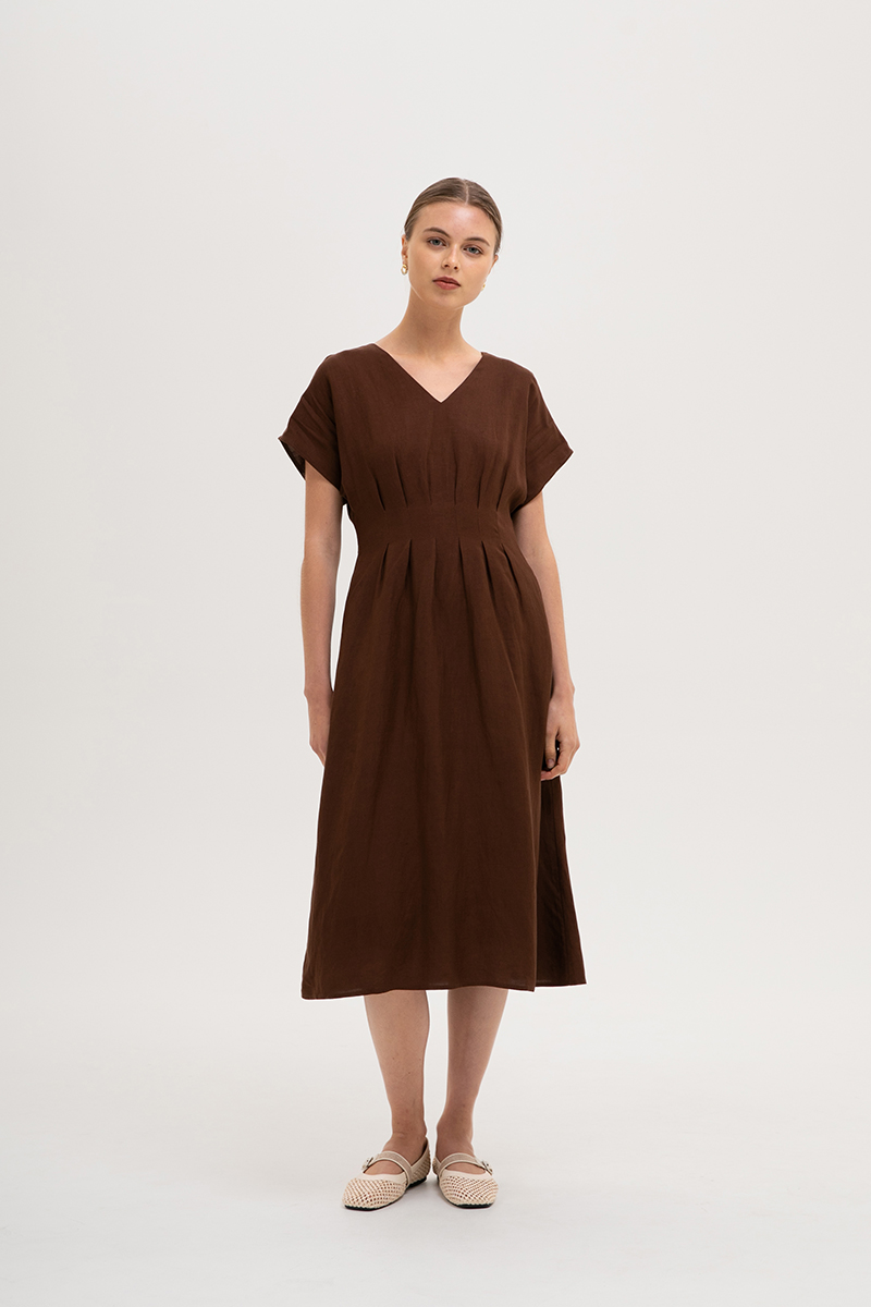 FRIEDA PLEATED LINEN MIDI DRESS