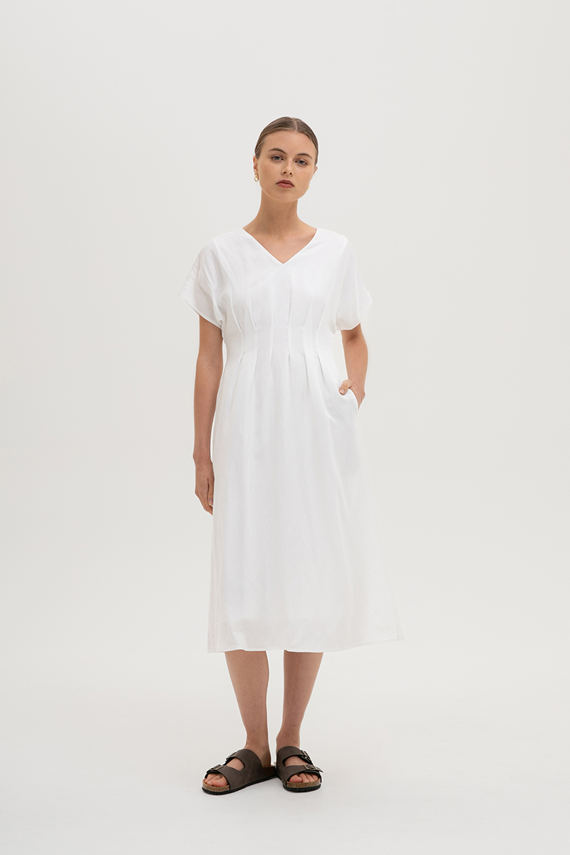 FRIEDA PLEATED LINEN MIDI DRESS