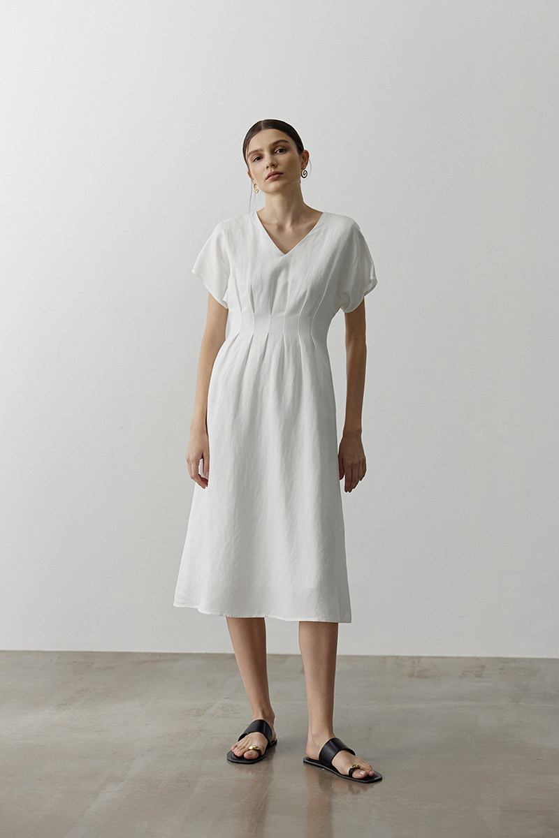 FRIEDA PLEATED LINEN MIDI DRESS
