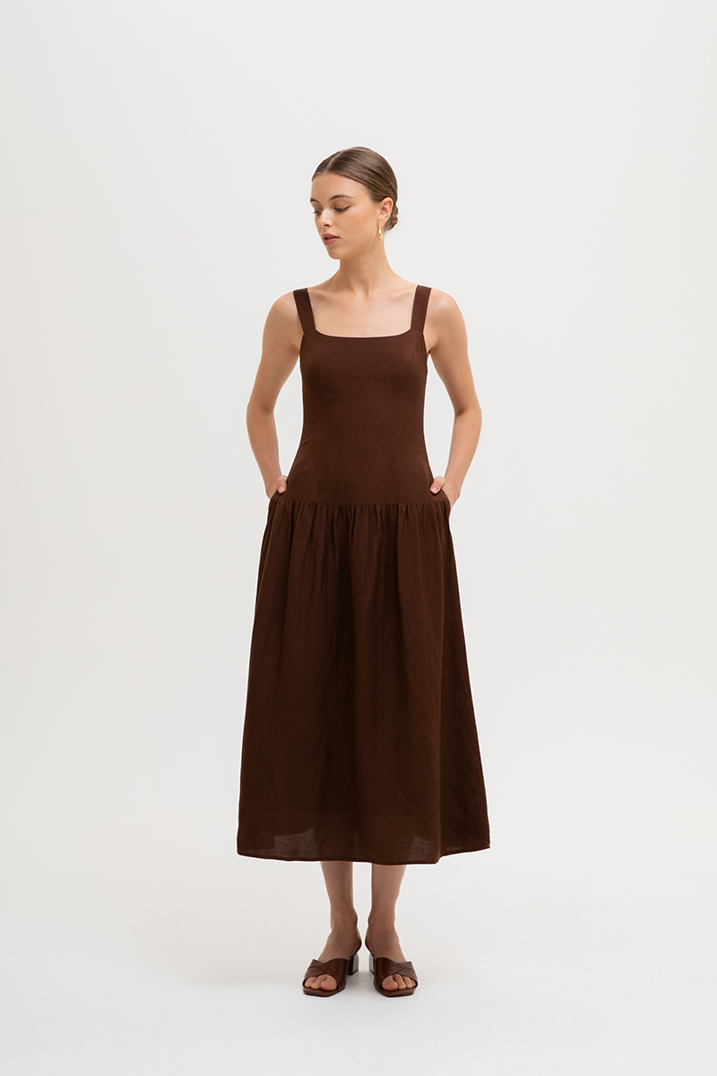 AGATHA DROP WAIST LINEN MIDI DRESS