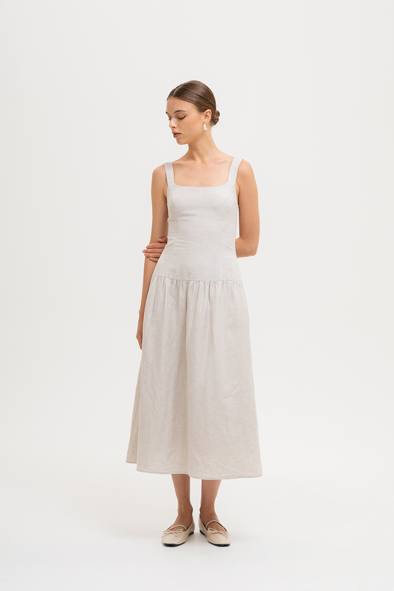 AGATHA DROP WAIST LINEN MIDI DRESS