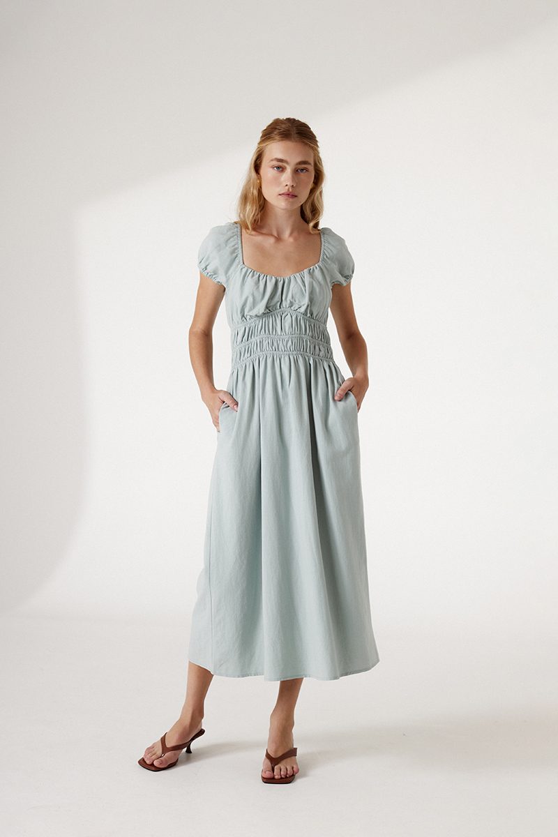 CLARESSA RUCHED WAIST LINEN MIDI DRESS