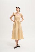 ADELIA SMOCKED FLUTTER SLEEVE LINEN DRESS