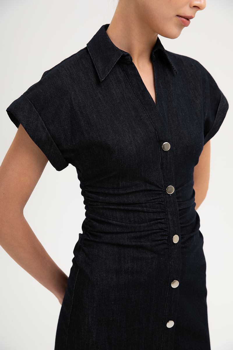 AURA RUCHED SHIRT DENIM DRESS