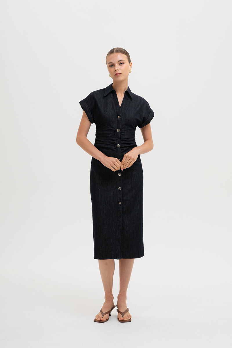AURA RUCHED SHIRT DENIM DRESS