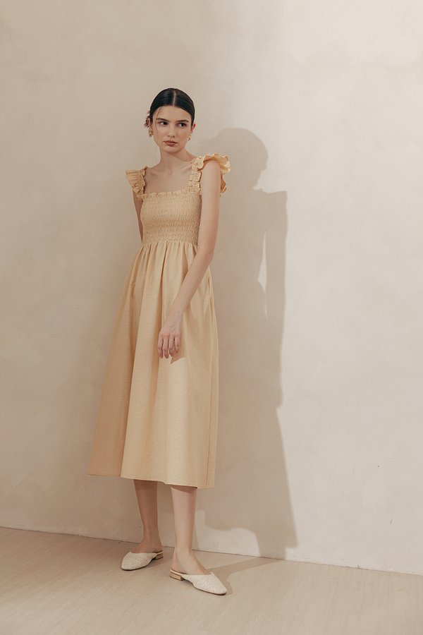 ADELIA SMOCKED FLUTTER SLEEVE LINEN DRESS