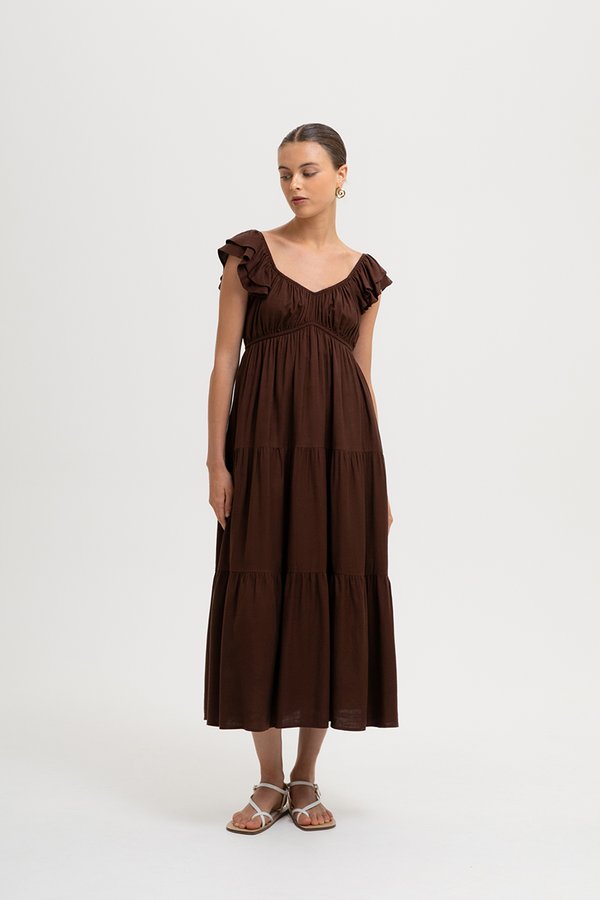 GABINA FLUTTER SLEEVE MAXI LINEN DRESS