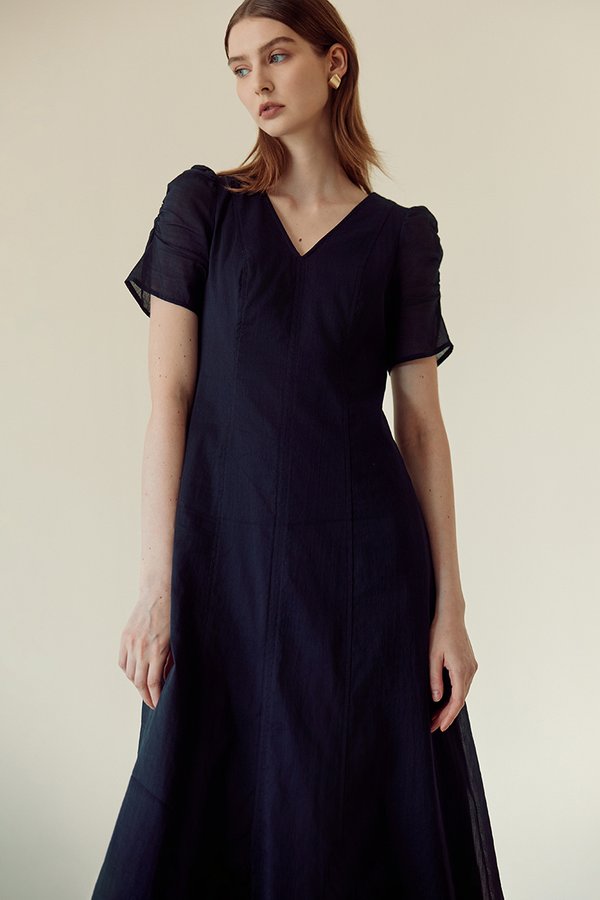 RAQUEL PUFF SLEEVE PANELLED LINEN DRESS
