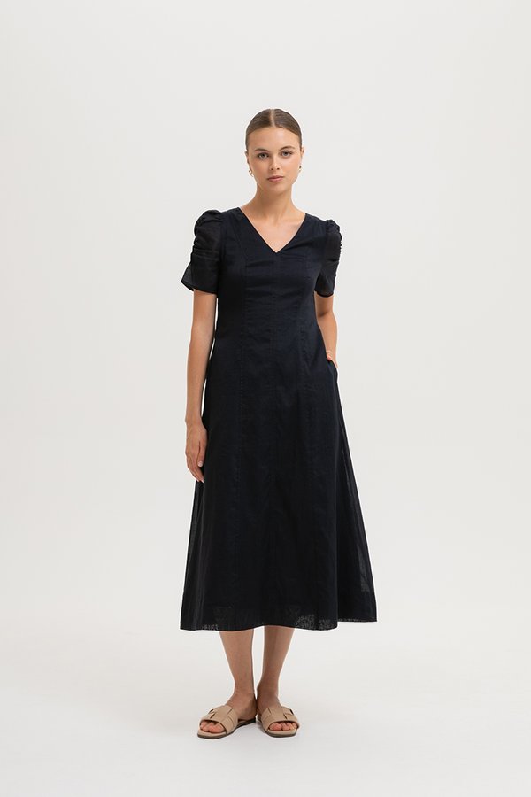 RAQUEL PUFF SLEEVE PANELLED LINEN DRESS