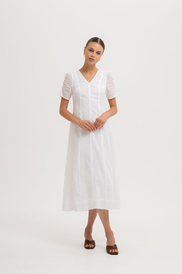 RAQUEL PUFF SLEEVE PANELLED LINEN DRESS
